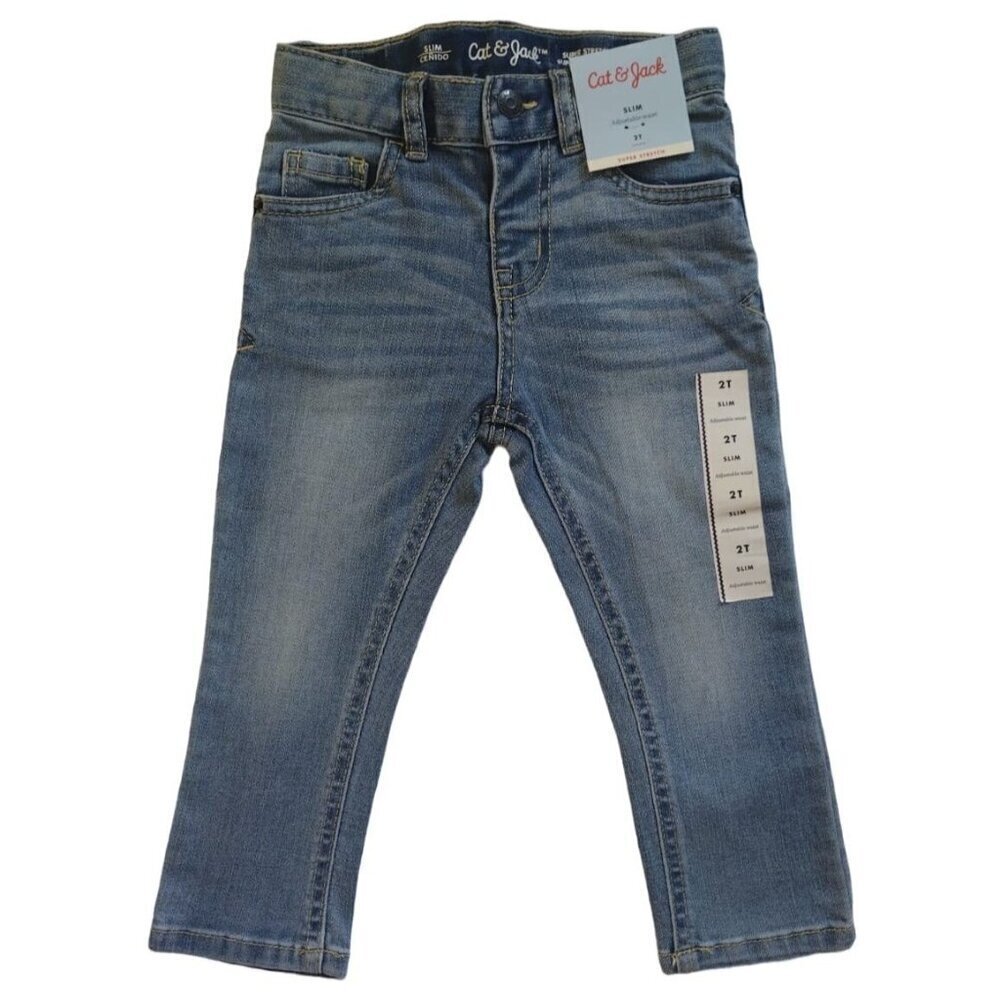 Cat & Jack Toddler Boys Slim Super Stretch Denim Jeans 2T Blue Cotton Blend. NWT